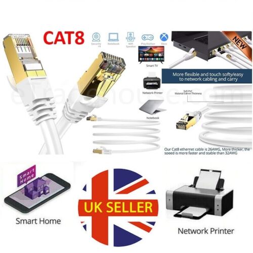 20M RJ45 CAT8 Ethernet Cable Network Gold 40Gbps White 20 meters